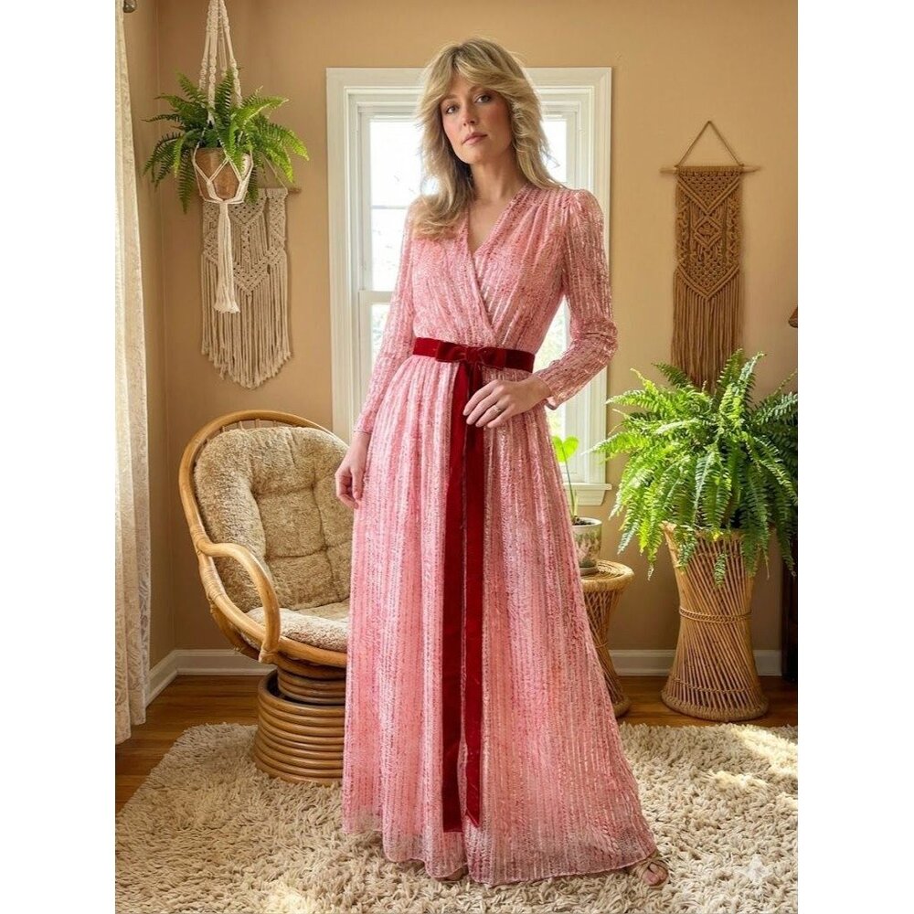 Vintage 70s Richilene Pink Silk Chiffon Dress Velvet Bow Floral Maxi Fairycore S